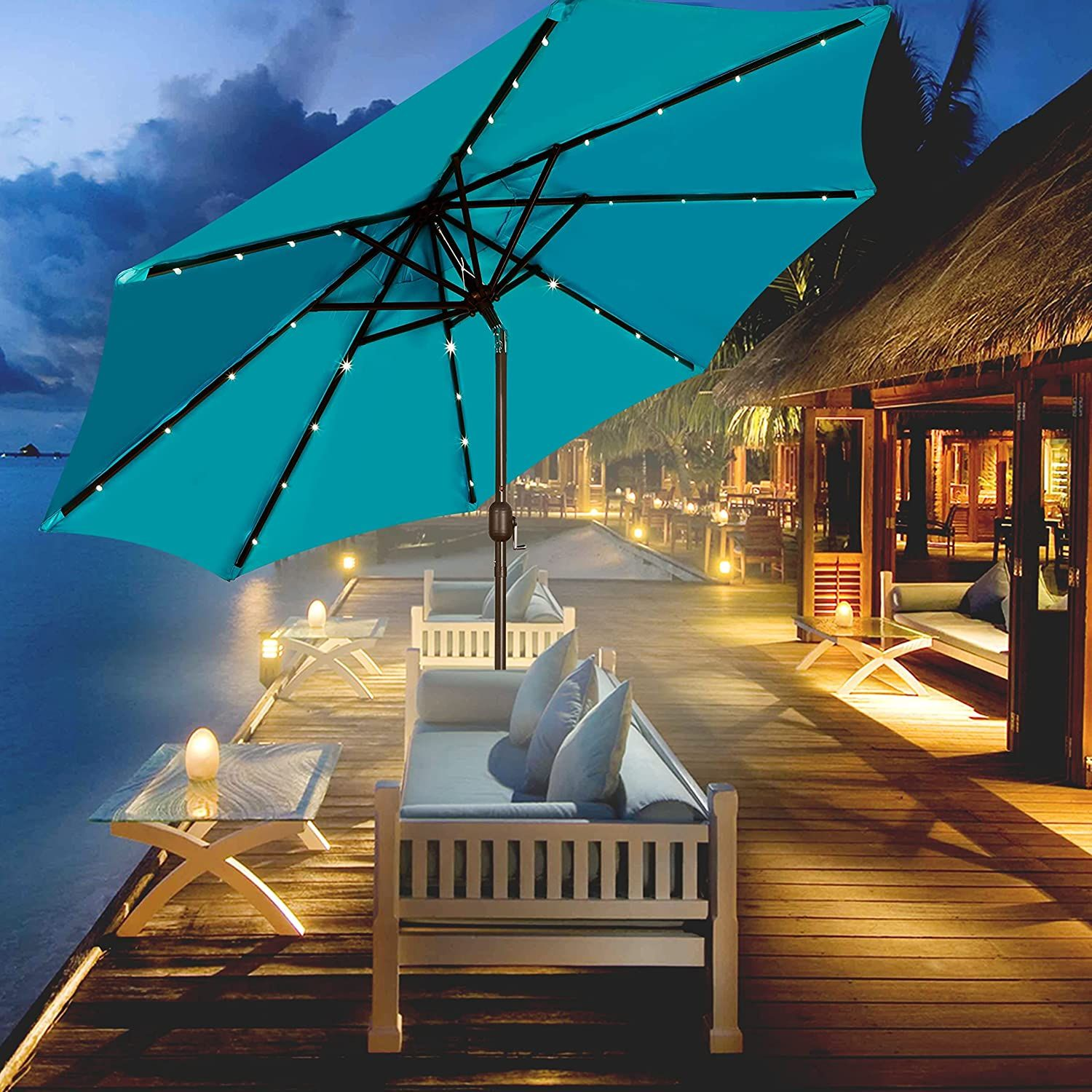 Blissun 9 ft Solar Umbrella 32 LED Lighted Patio Table Cerulean | eBay