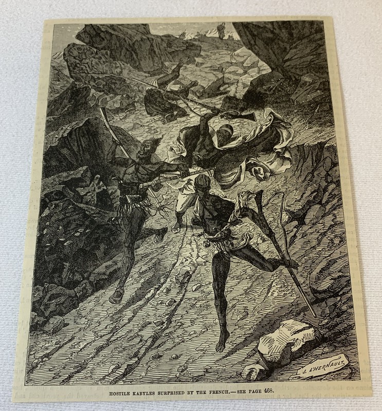 1882 magazine engraving~ HOSTILE KABYLES SURPRISED BY THE FRENCH, ALGERIA