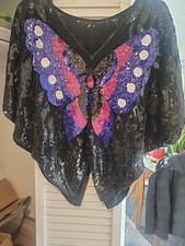 Vintage 80s Black Sequin multicolor Sequin Butterfly Top. Size M/L