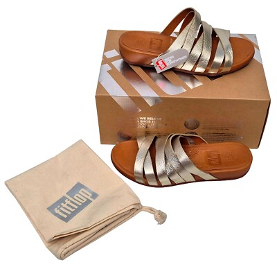 FITFLOP Damen Lumy Gold Leder Flache Riemchen Slipper Sliders UK 4 EU 37