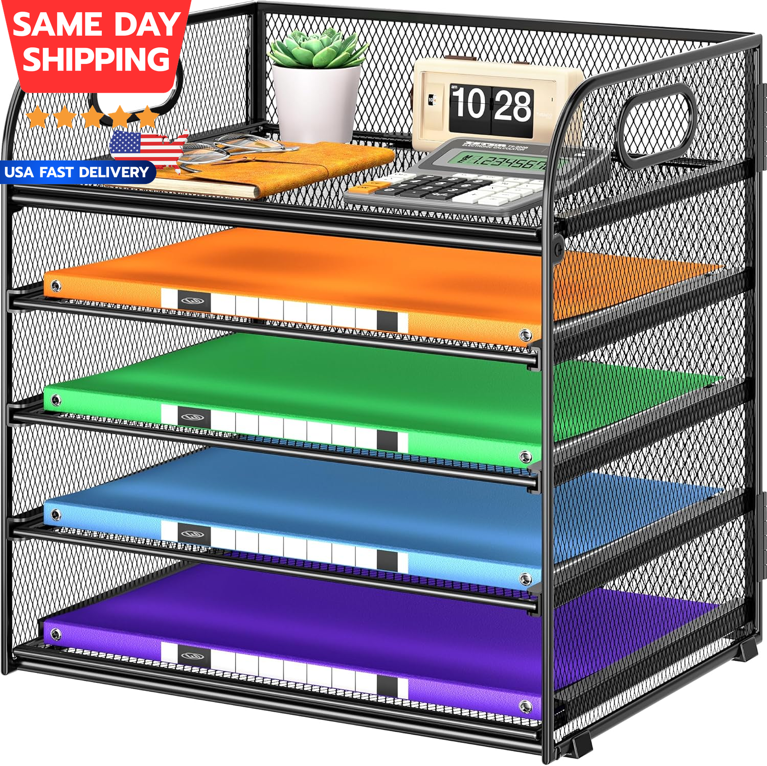 5-Tier Metal Mesh Desk Organizer with Handle for Files and Papers