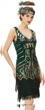 BABEYOND Women’s Flapper Dresses Set 1920s V Neck X-Small, Gold & Dark Green 