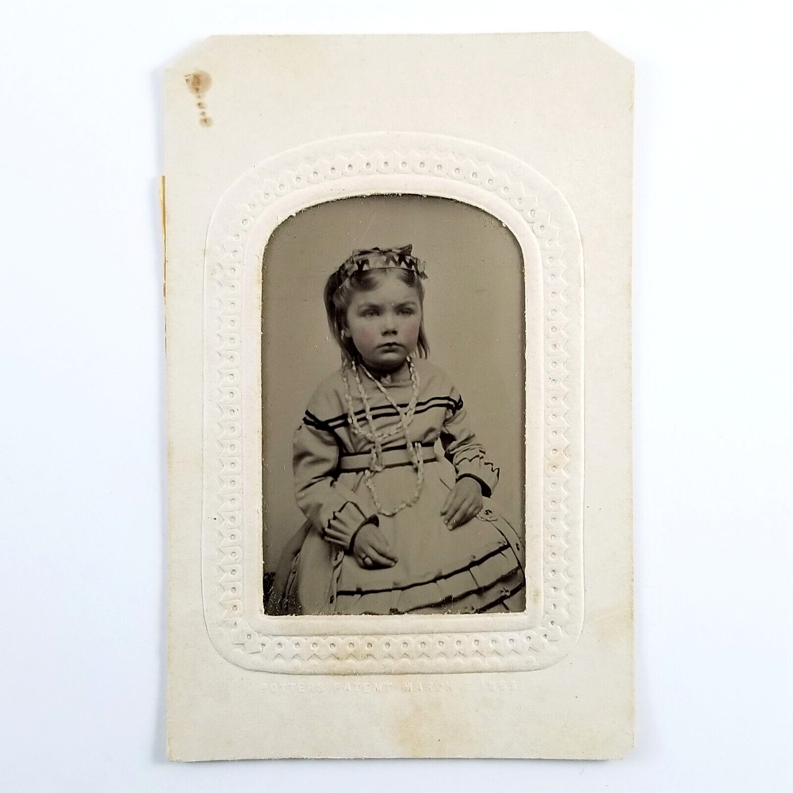 1860s Tintype Child Wearing Necklace Beautiful Dress Hair Ribbon Paper