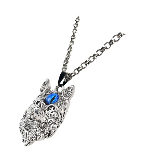 1x Silver Tone 3D Wolf Head with Blue 3rd Eye Pendant Long Rolo Chain Necklace - Picture 4 of 7