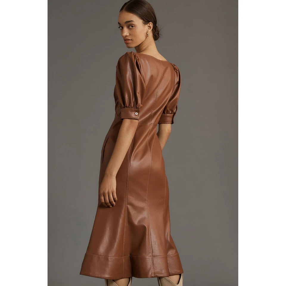 Anthropologie Faux Leather Midi Dress Brown Puff Sleeve Zip Front US 8 EU 40 - Image 2 of 4