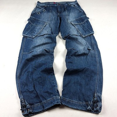 Mens Red Company Y2K Baggy Cargo Jeans Blue Denim Multi Pocket Utility Wide Leg