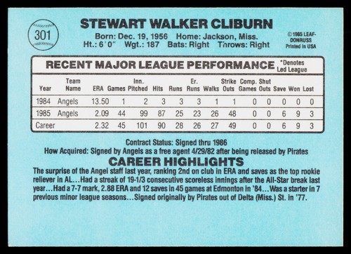 1986 Donruss Stu Cliburn #301 California Angels - Picture 2 of 2