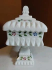 Vtg Wedding Cake Box Milk Glass Candy Dish White Floral Pedestal Lid MCM Jar