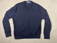 Polo Ralph Lauren Sweater Mens Large Navy V Neck Green Pony Cotton Cashmere