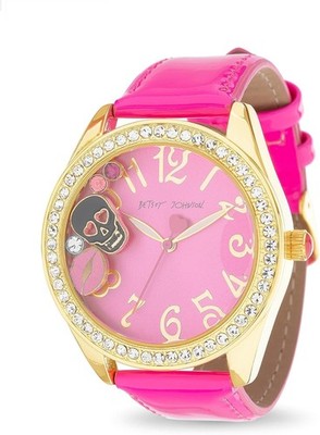 NEW BETSEY JOHNSON HOT PINK PATENT, GOLD TONE MOVING 