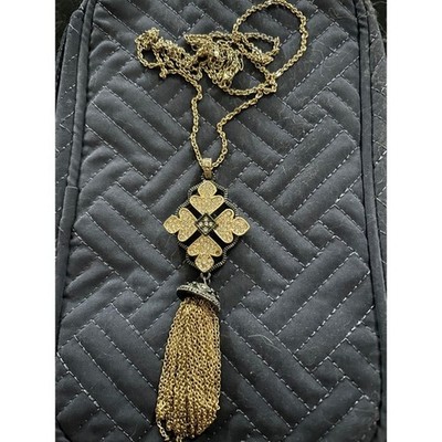 Gold Tone Chain Necklace Rhinestone Clover Tassel Pendant Statement