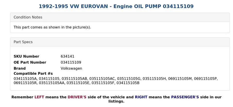 VW EUROVAN 1992-1995 - Motor bomba de aceite 034115109 Foto 4 de 4