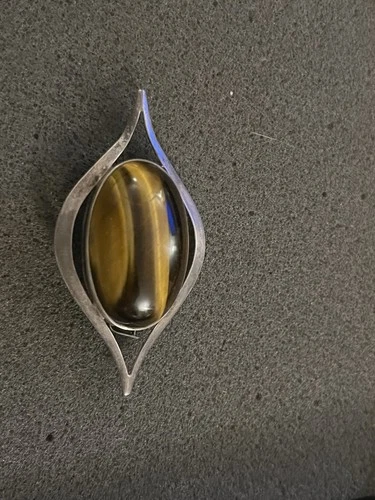 Signed Silver JPPE TIGER EYE BROOCH Mid Century Modern Statement Piece Pin MCM