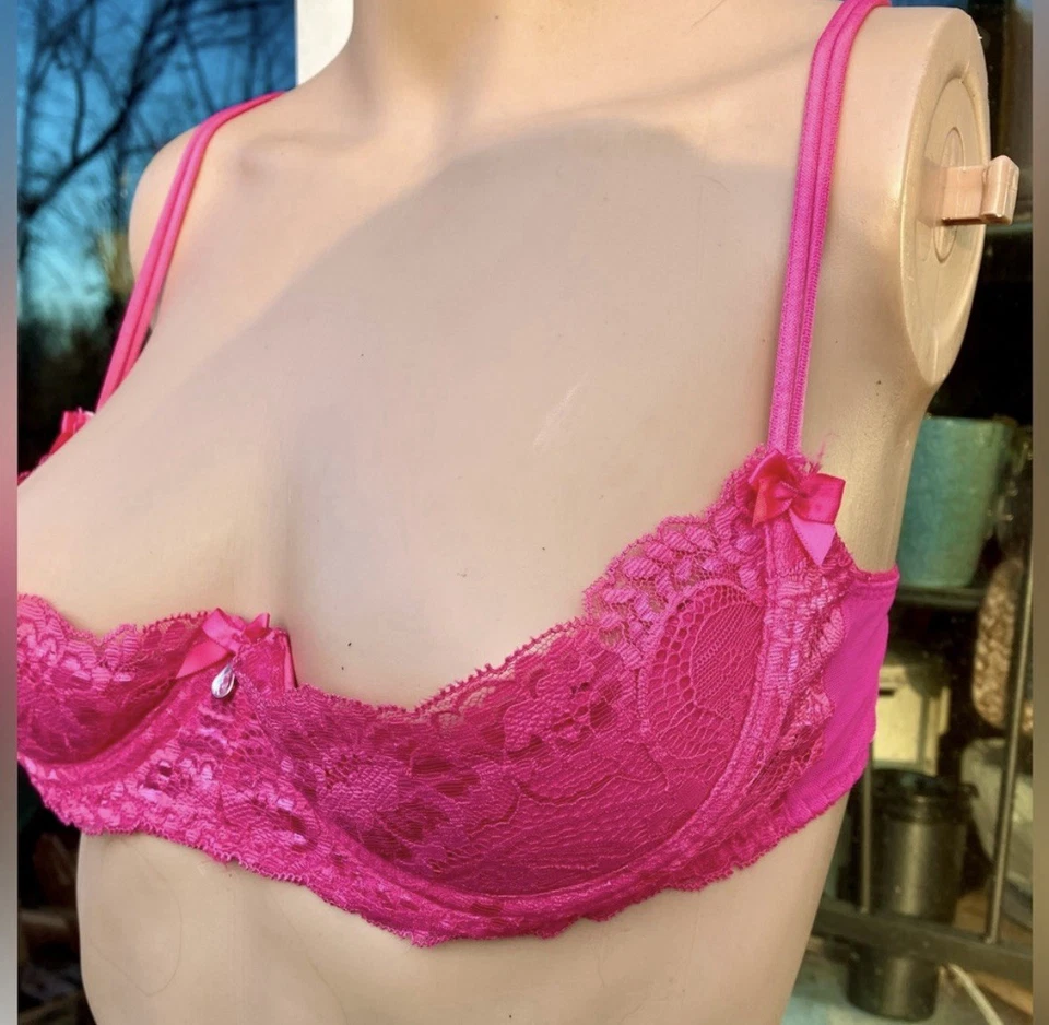 Винтажный бюстгальтер Barbie ярко-розовый кружевной 90-е половина чашки кружевной Shirley Of Hollywood - Изображение 3 из 4