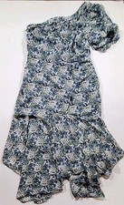 ASTR The Label Santorini Blue Floral One Shoulder Midi Dress Size L Puff Sleeve