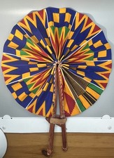 West African, Ankara Cloth and Leather Fan, Multicolored 11  Diameter