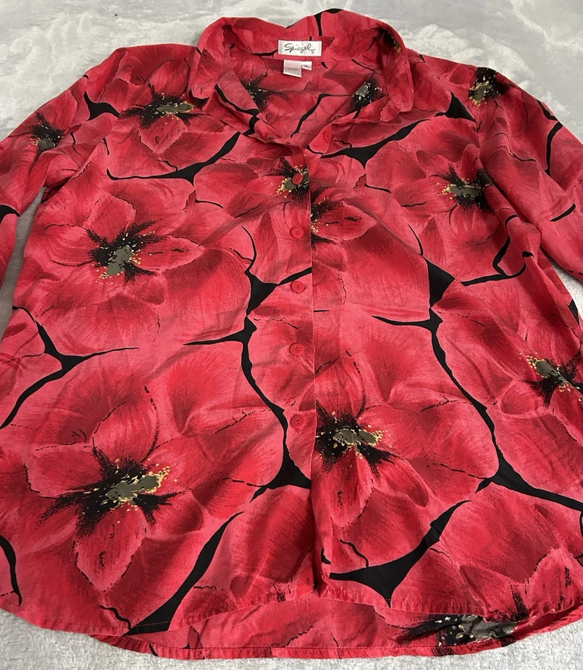 Blusa De Colección Spiegel Para Mujer XL Roja Amaryllis Seda Cepillada Abotonada Evento Vacacional Foto 4 de 4