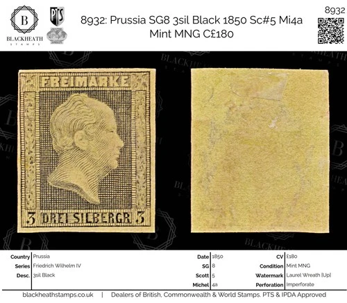 8932: Prussia SG8 3sil Black 1850 Sc#5 Mi4a Mint MNG C£180