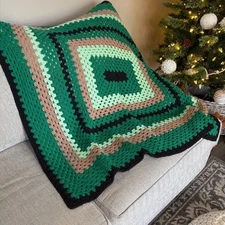Vintage Crochet Handmade Afghan Green black Granny Style 48" Square Cottagecore