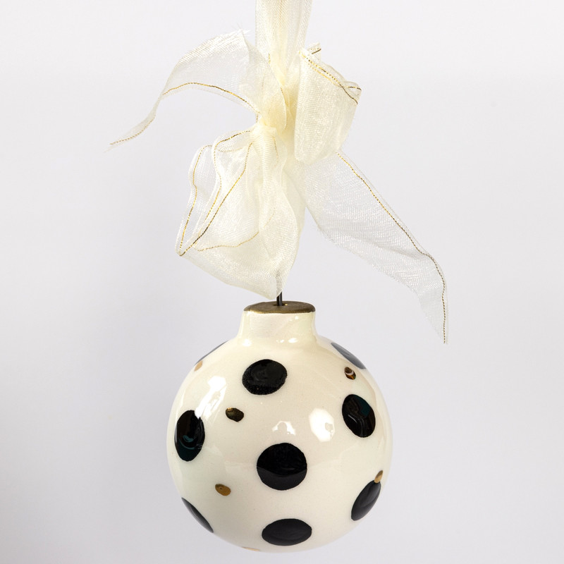Vintage Polka Dot Ceramic Hand Painted Ornament With Ribbon - Black Gold Dots