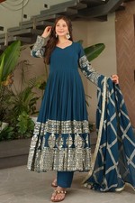 New Launch Teal Blue Faux Georgette Gown Bottom And Dupatta For Wedding Party