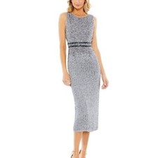 Mac Duggal 10509 Size 10 Sleeveless High Neck Beaded Midi Sheath Dress Platinum