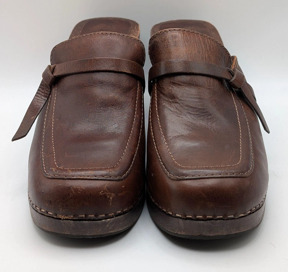 VTG AMERICAN EAGLE Womens Size 8 M Brown Leather Chunky Heels Slides Y2K Slip On - Image 3 of 4
