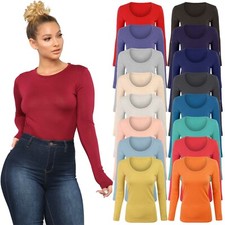 Womens Long Sleeve Stretch Plain Round Scoop Neck T Shirt Top Ladies Fitted Tee