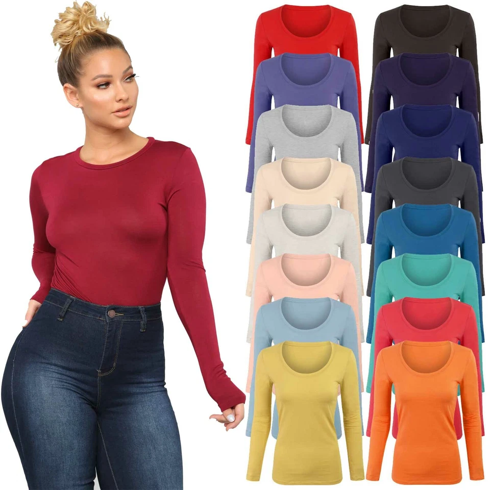 Womens Long Sleeve Stretch Plain Round Scoop Neck T Shirt Top Ladies Fitted Tee