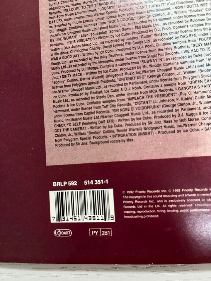 Ice Cube / The Predator 12" Vinyl 1992 UK Original 1LP Priority Record DJ Muggs - Image 4 of 4