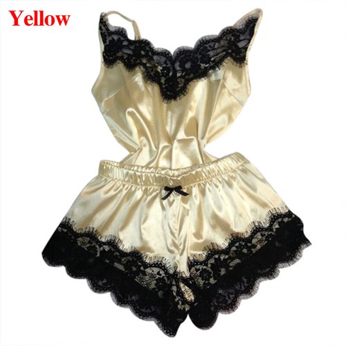 Mujeres Sexy Satén Encaje Prendas para dormir Pijama Conjunto Babydoll Lencería Pantalones Cortos Prendas para dormir - Imagen 10 de 20