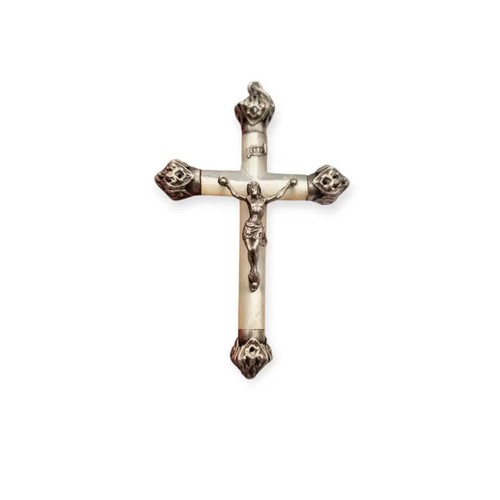Crucifijo antiguo con nácar y plata, cruz colgante religioso 1920 para coleccion - Foto 5 di 10