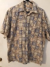 L Men's PIERRE CARDIN Vintage Beige Tribal Floral Fish Hawaiian Shirt NEVER WORN