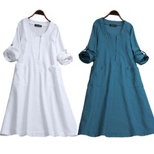 Women Midi Smock T-Shirt Dress Long Sleeve Kaftan Casual Tunic Dresses Plus Size