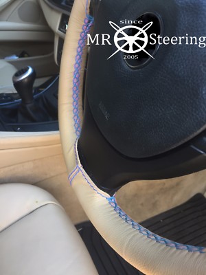 FÜR 94-01 BMW 7 E38 BEIGE LEDERLENKRADBEZUG HELLBLAU DOPPELNAHT