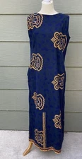Womens Maxi Long Shift Dress Sz S M Handmade Blue Gold Geometric Tribal Ethnic