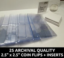 25 Archival Quality Mylar 2.5" plastic coin flips + paper inserts - PCGS NGC Kit