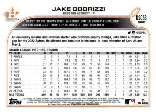 2022 Topps Chrome Update #USC53 Jake Odorizzi Purple Refractor - Picture 2 of 2