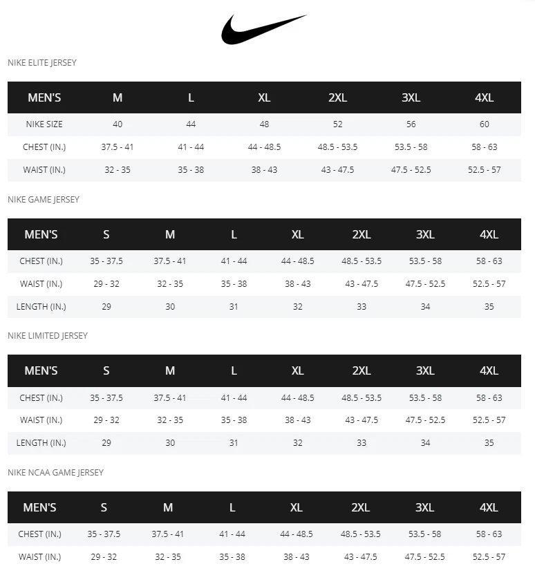 Nike elite jersey size chart cheap