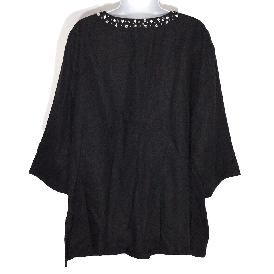 Vikki Vi Woman Beaded Tie Neck Black Pullover Tunic Top Side Slits Plus Size 2X - Image 2 of 4