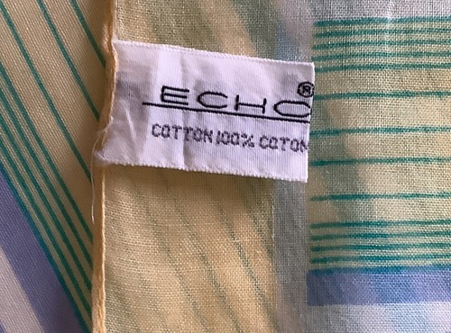 …1 A Blue & Yellow Striped 24 Inch Square Vintage 100% Cotton Scarf By ECHO - Picture 4 of 5