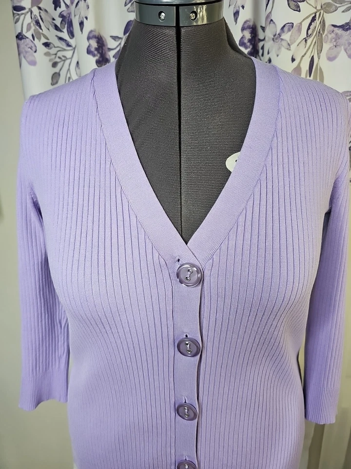 Kenar L Purple SILK Blend Long Sleeve Ribbed Knit Buttons Up Women's Cardigan - Imagem 3 de 4