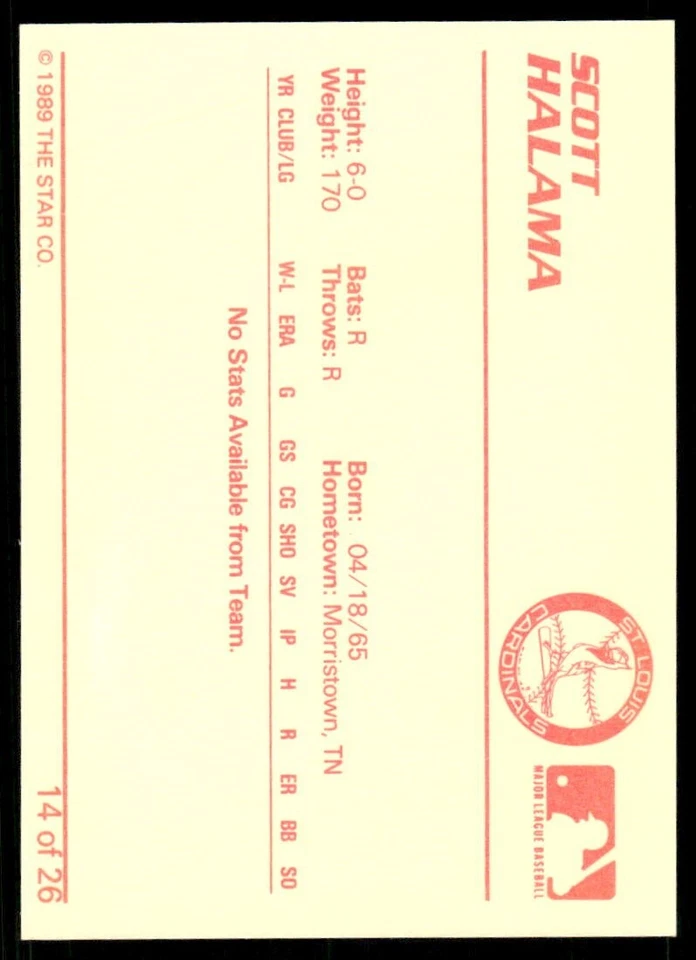 1989 Star Johnson City Cardinals SCOTT HALAMA RC CARDINALS FLORIDA ATLANTIC UNIV - Image 2 of 2