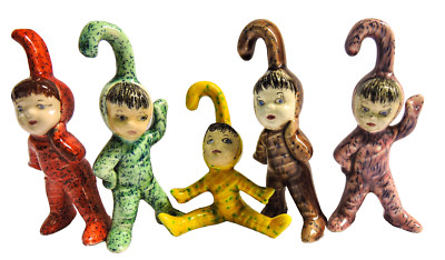 SET OF 5 VINTAGE HAND CRAFTED COLORFUL CANDY CANE PIXIE FIGURINES 1950 S KITSCH