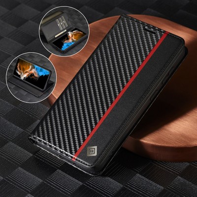 Carbon Fibre Magnetic Flip Wallet Case For Samsung Galaxy S24 FE S23 S22 S21 S20