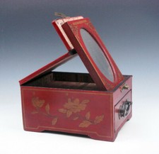 Vintage Red Finish Wooden Dresser Mirror Drawer Dragon Phoenix Bat Brass Handle