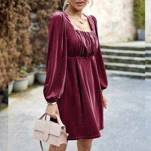 Square Neck Long Sleeve Velvet Dress Elegant High Waist A-line Dress for Womens - Picture 5 of 16