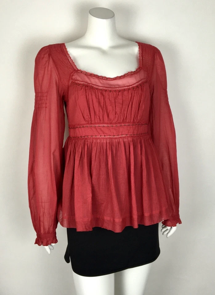 Free People Top NWT $108 Strangers In Love Square-Neck Peasant Blouse Claret