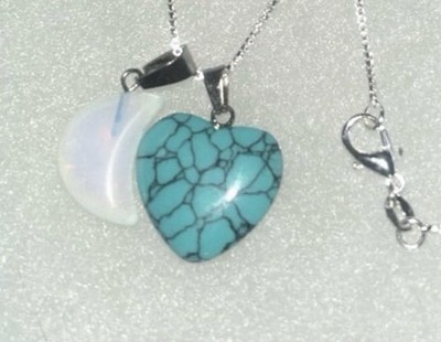 Turquoise Heart And Opal Moon Sterling Silver 16  Necklace 