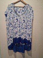 Antilia Femme Women's Plus 2X Blue White Floral Hi Lo Cap Sleeve V-Neck Coastal